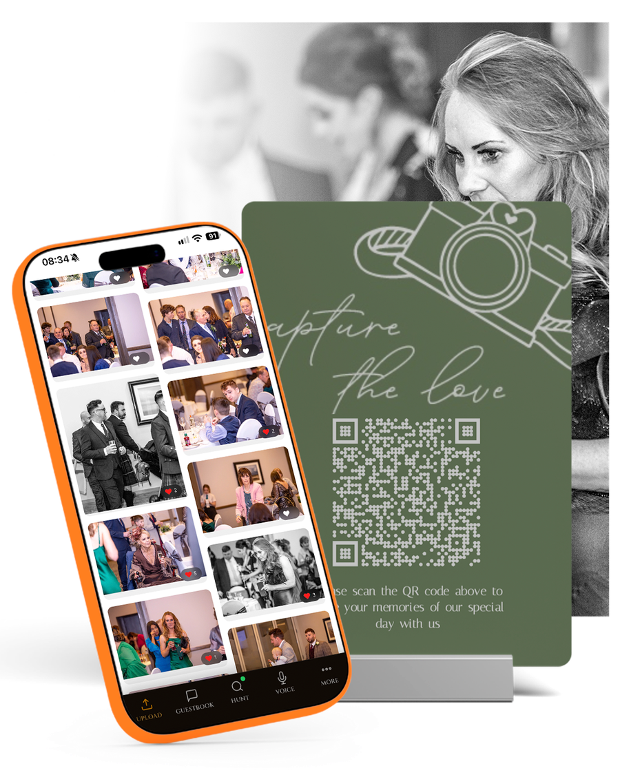 A guest gallery on a phone beside a printed QR card
